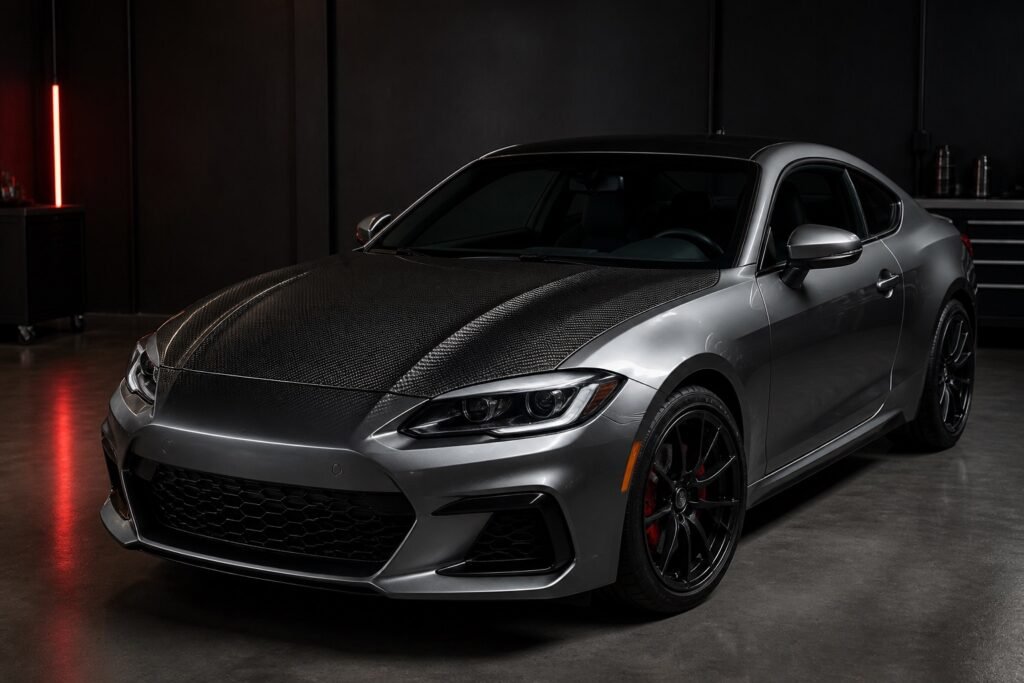 Exposed-weave carbon fiber hood installed on a performance coupe