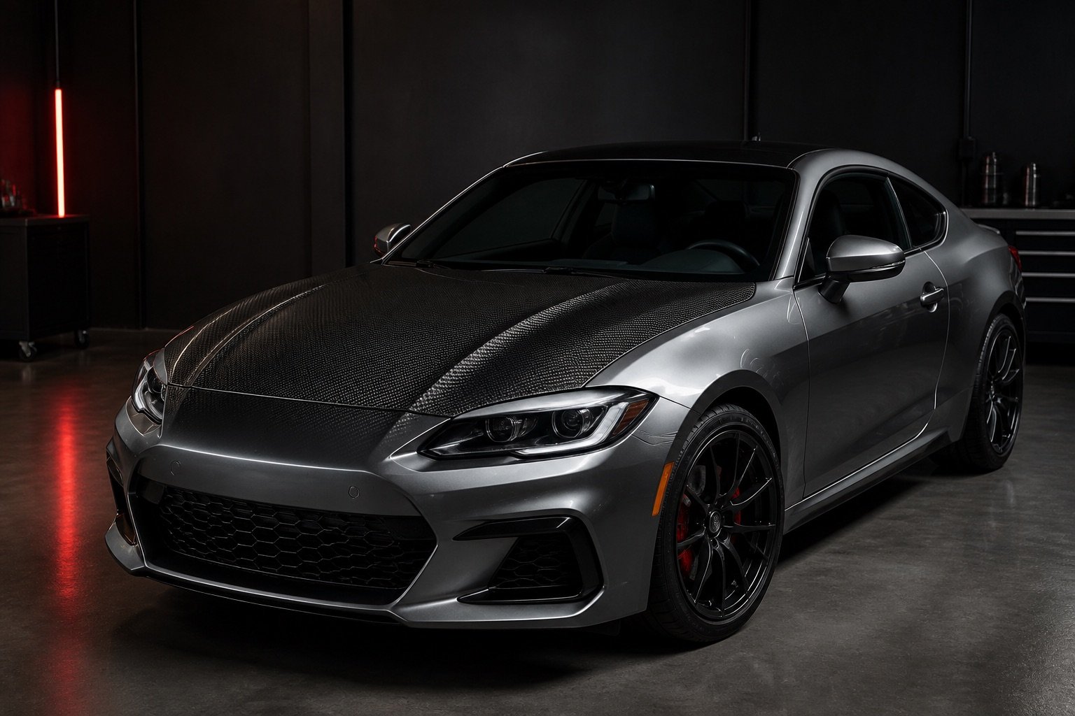 Exposed-weave carbon fiber hood installed on a performance coupe
