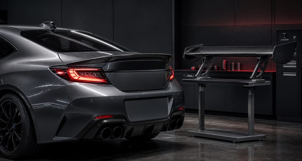 Carbon fiber rear spoiler on a coupe beside a freestanding carbon wing