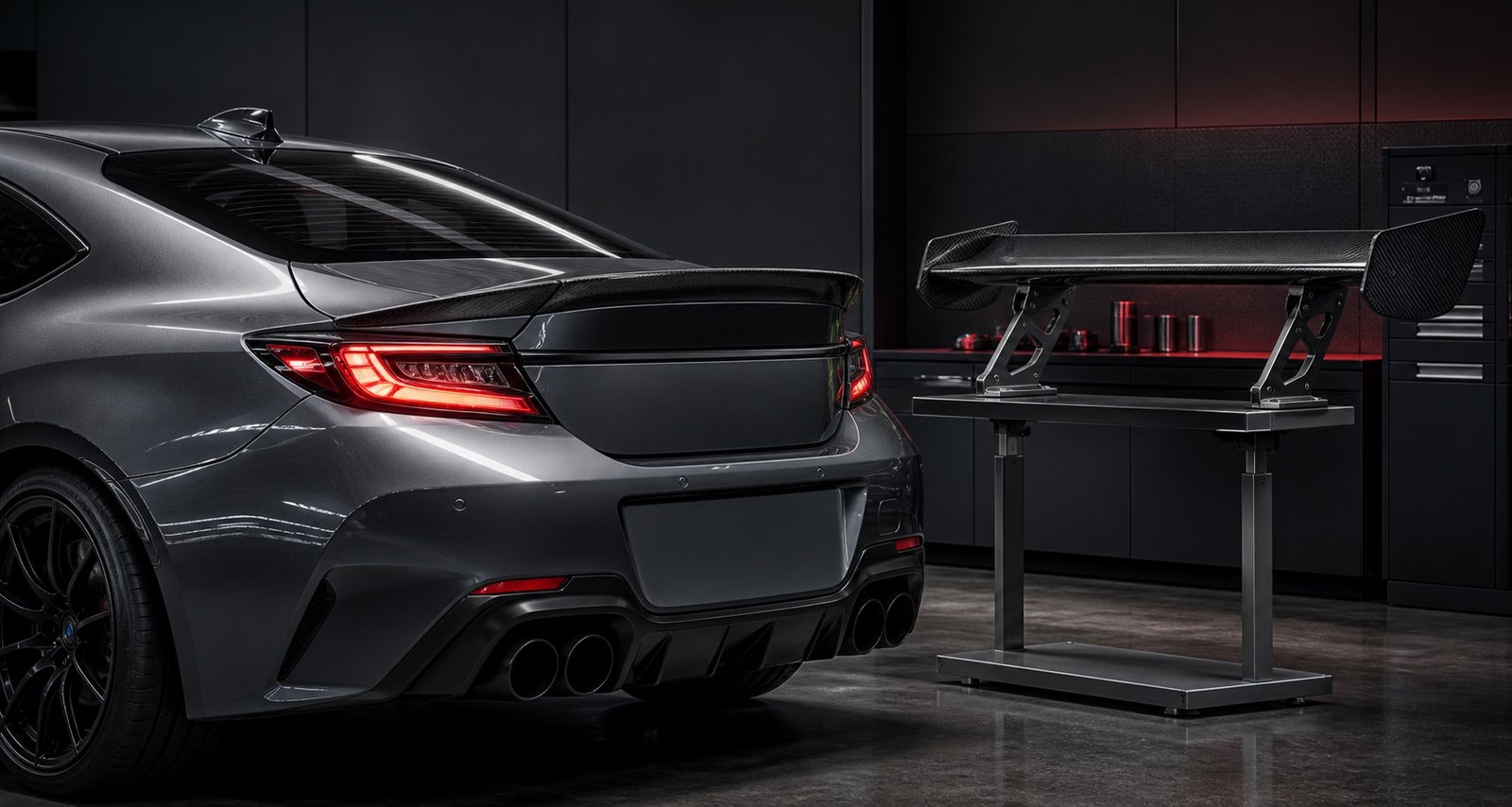 Carbon fiber rear spoiler on a coupe beside a freestanding carbon wing