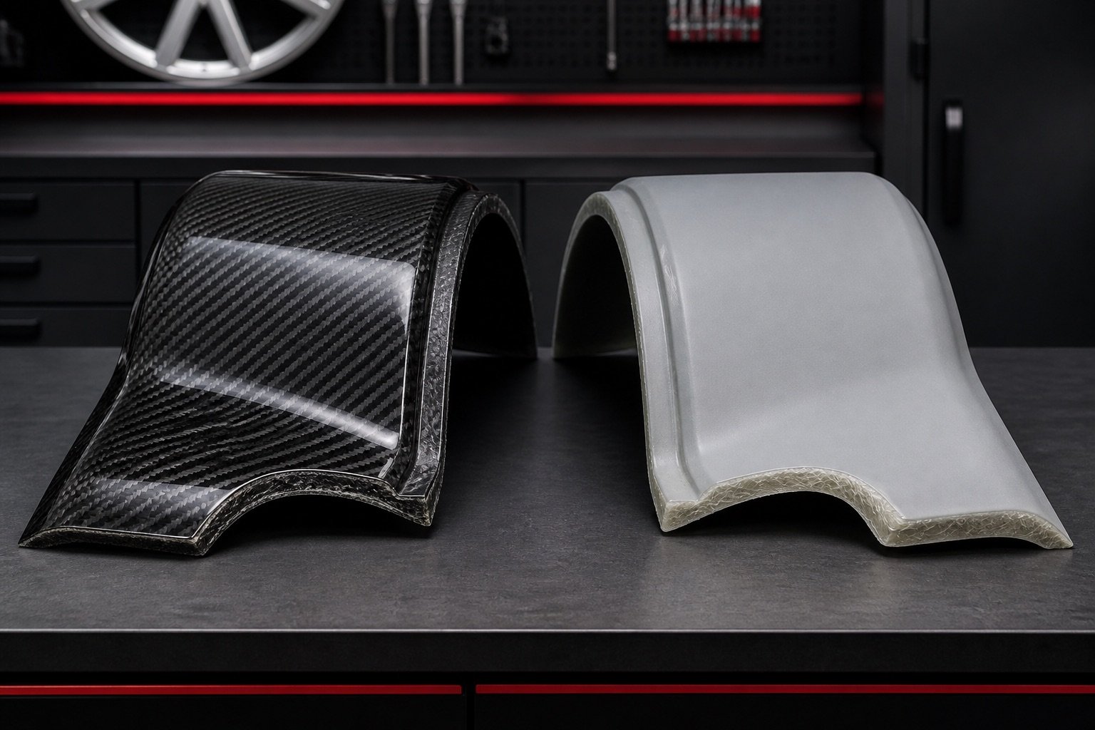 Woven carbon fiber and primed fiberglass automotive panels compared side by side
