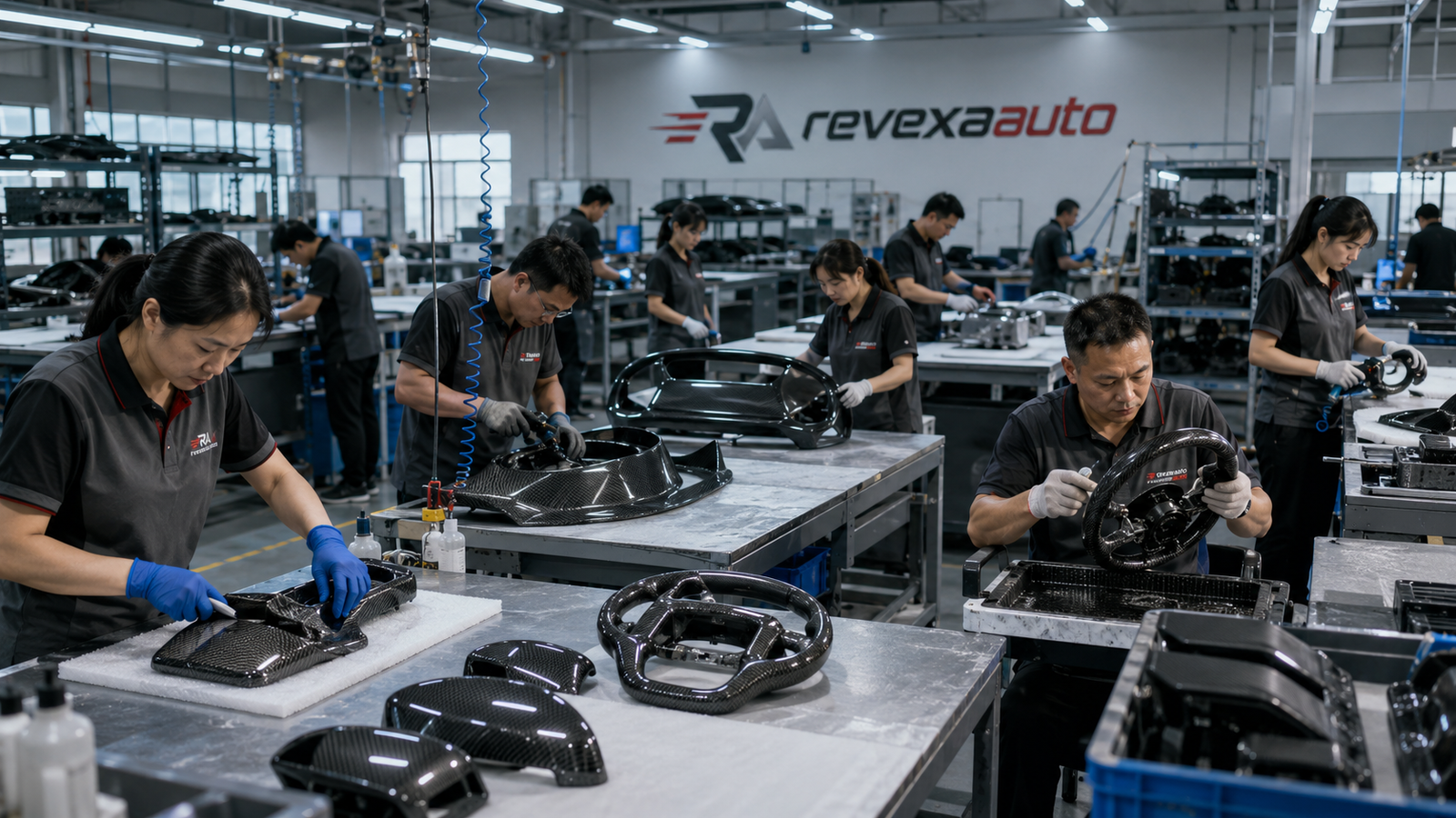 Team members working on carbon fiber automotive parts