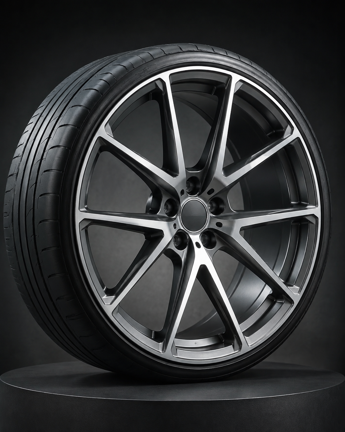 Close-up of a satin graphite 22-inch forged alloy wheel with machined spokes