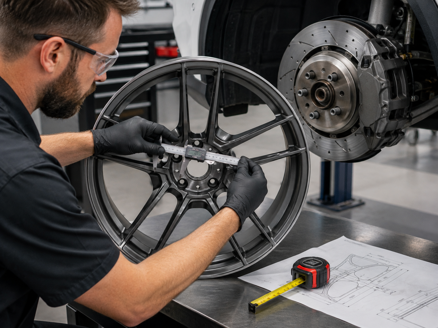 Technician measuring a forged wheel hub and checking brake clearance before ordering