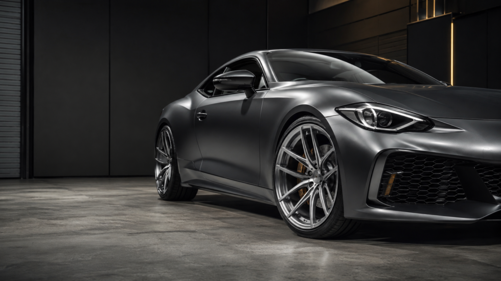 Performance coupe fitted with 22-inch forged alloy wheels in a dark automotive studio