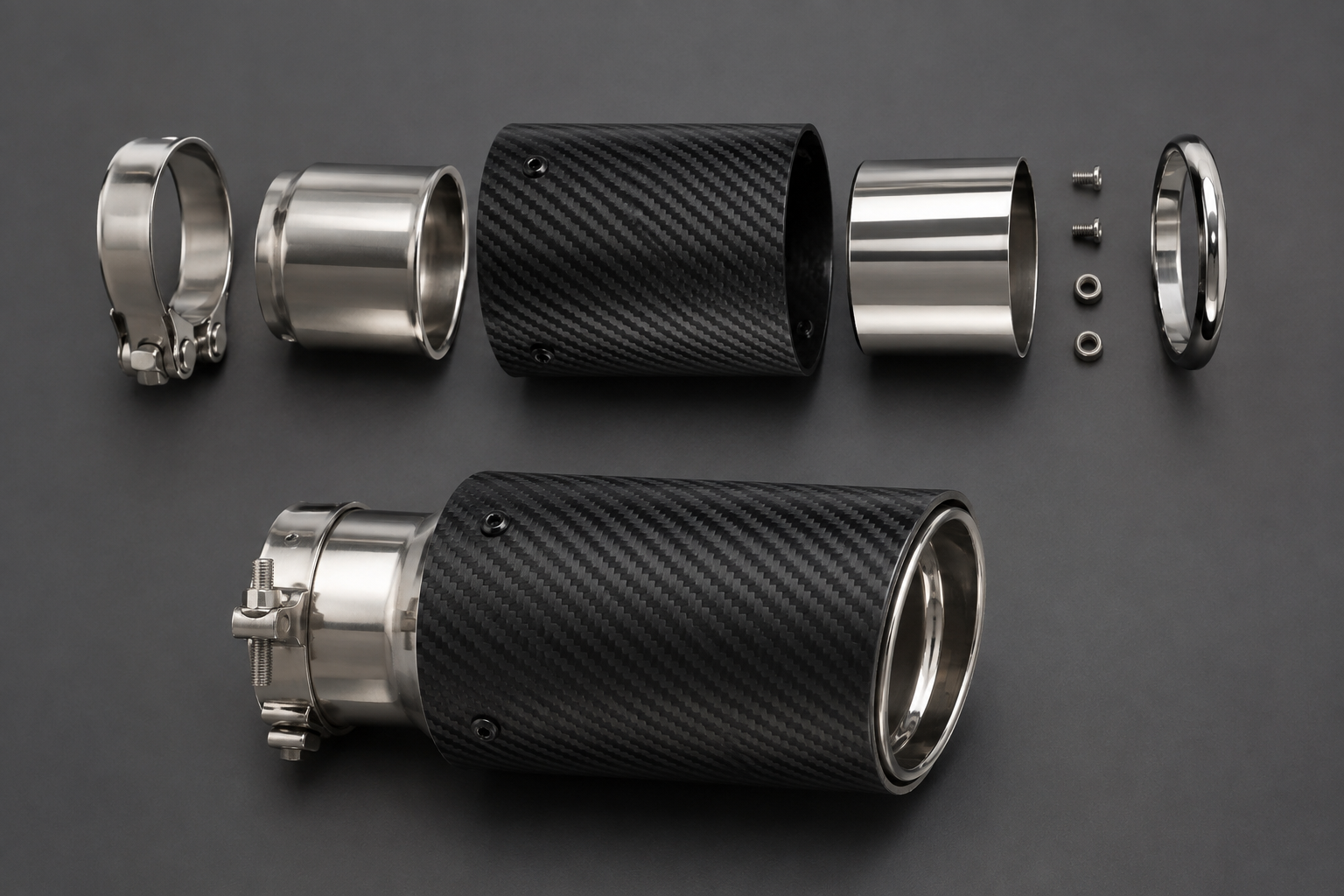 Carbon fiber exhaust tip showing outer sleeve stainless liner clamp and hardware