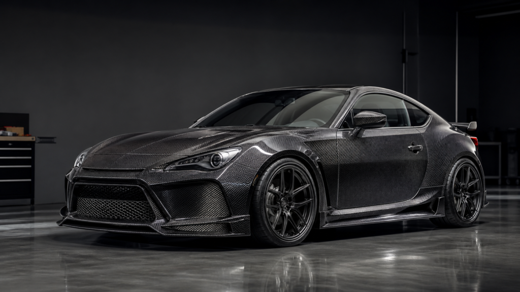 Performance coupe fitted with a complete exposed carbon fiber body kit