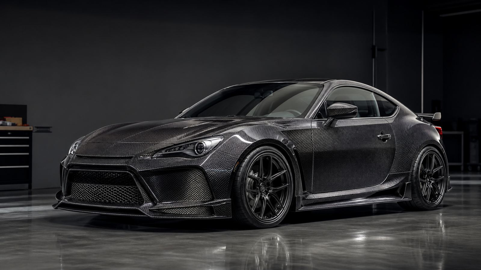 Performance coupe fitted with a complete exposed carbon fiber body kit