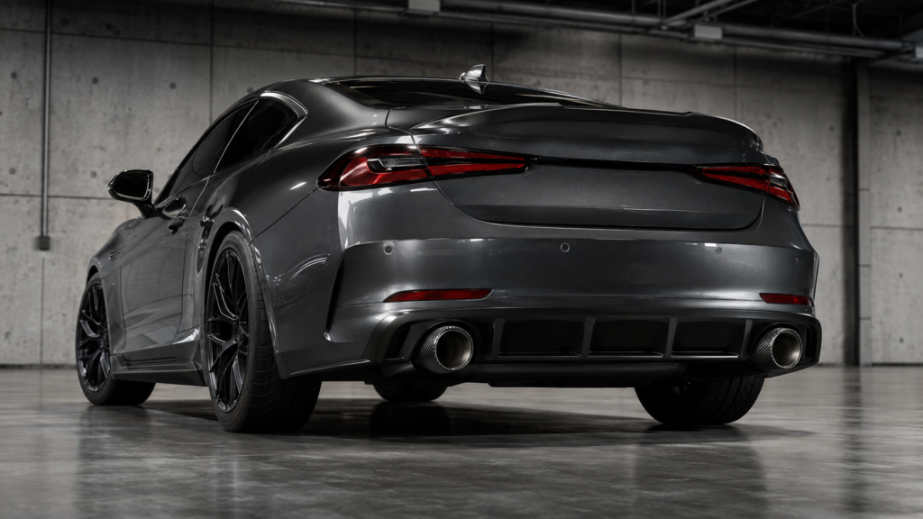 Twin carbon fiber exhaust tips fitted to a dark performance coupe
