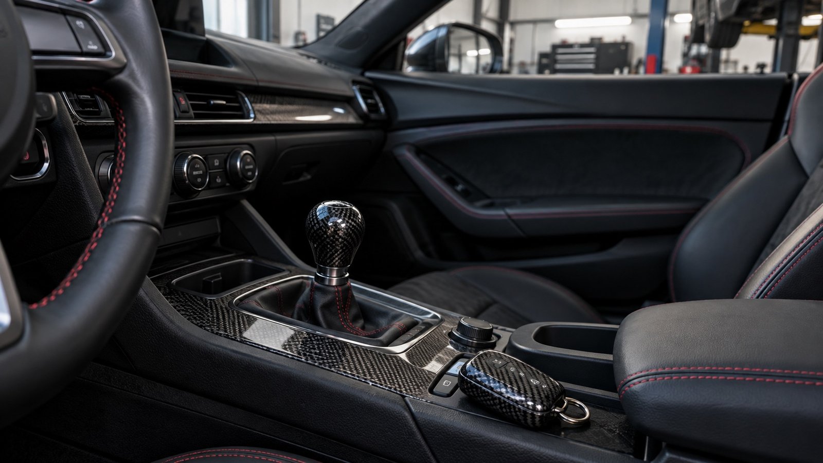 Modern sports-car interior with coordinated carbon fiber shift knob, console trim, and key cover