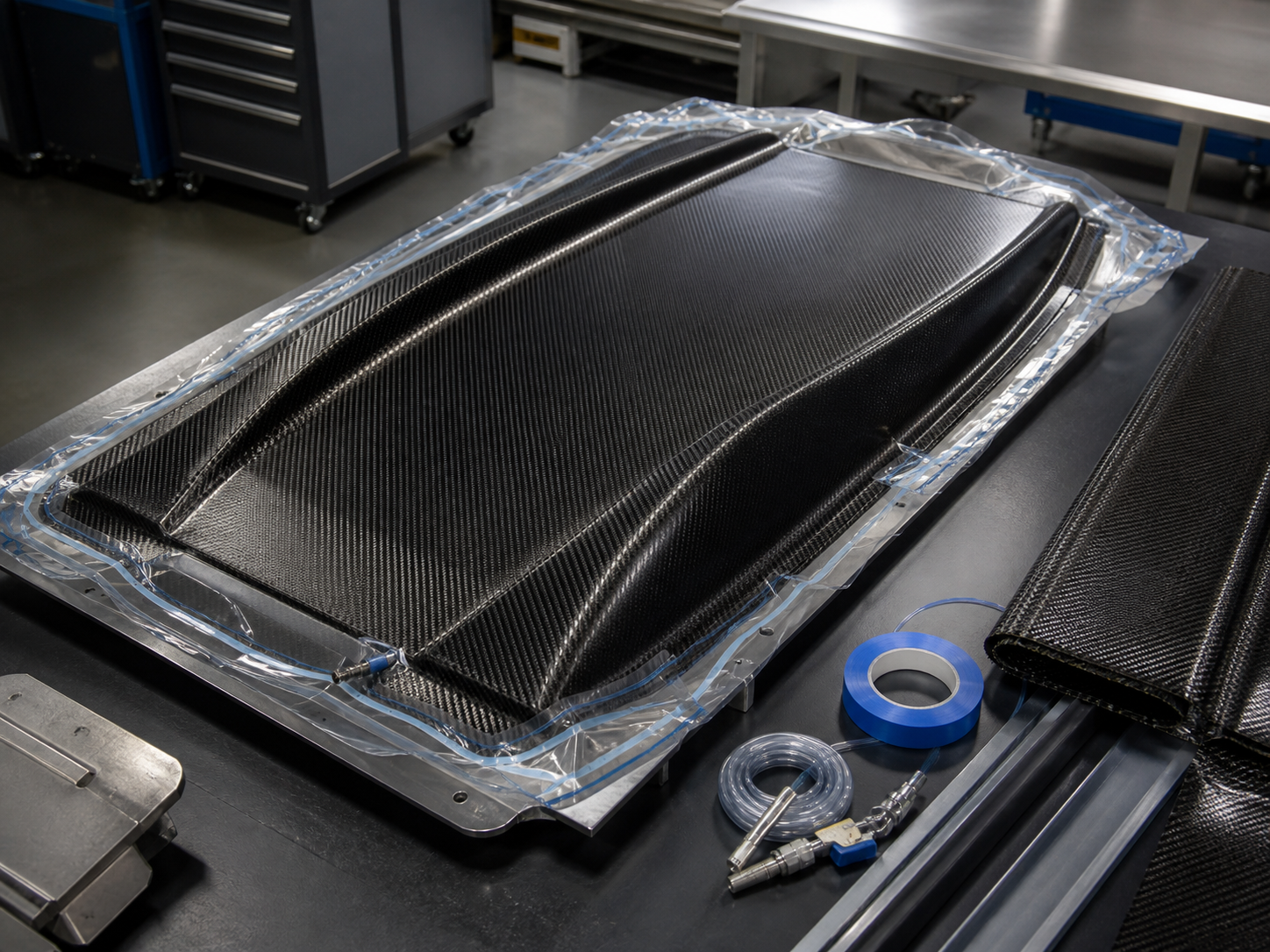 Carbon fiber automotive panel prepared with vacuum bagging film on a mold