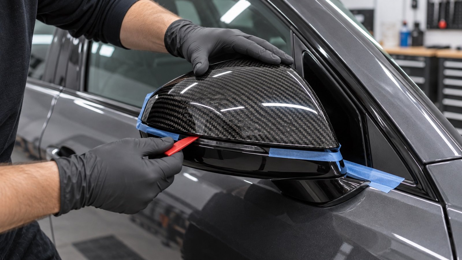 Technician aligning and installing a carbon fiber mirror cap with protective tape