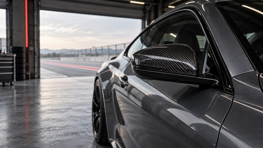 Real carbon fiber mirror cap installed on a graphite performance coupe