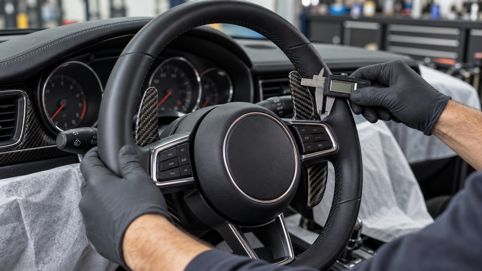 Technician checking carbon fiber paddle-shifter fitment and steering-wheel clearance