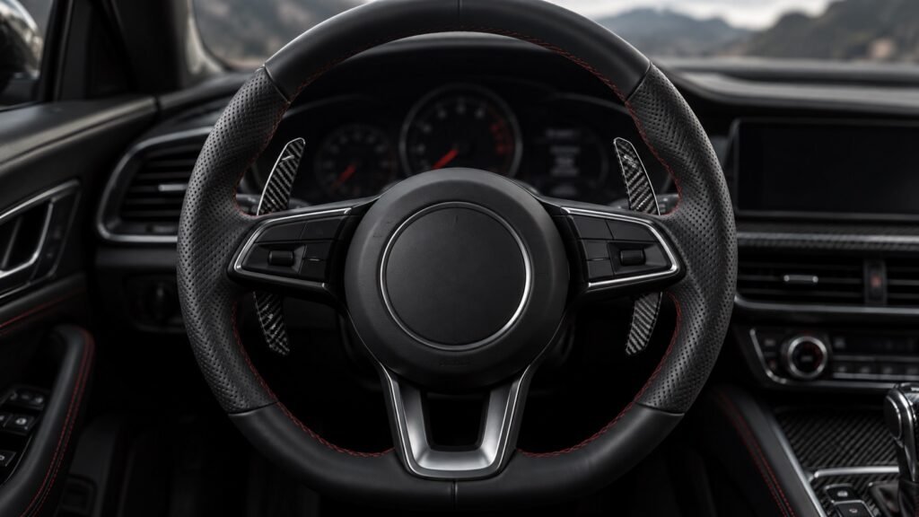 Carbon fiber paddle shifters installed behind a modern performance steering wheel