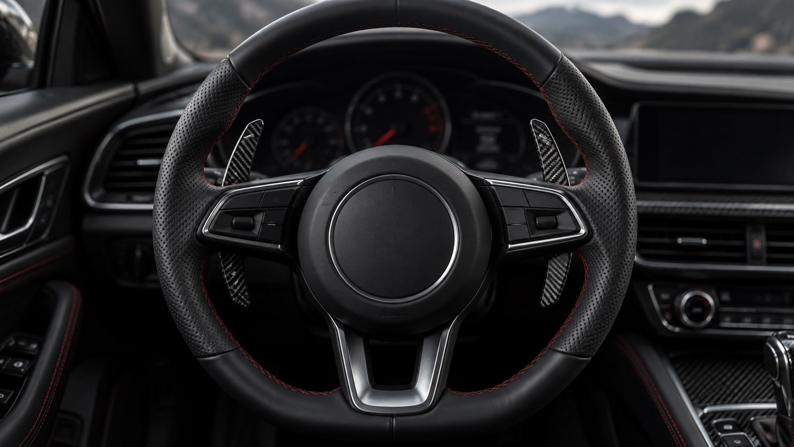 Carbon fiber paddle shifters installed behind a modern performance steering wheel