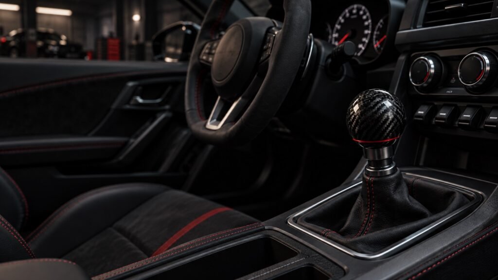Carbon fiber manual shift knob in a black sports-car interior with red stitching