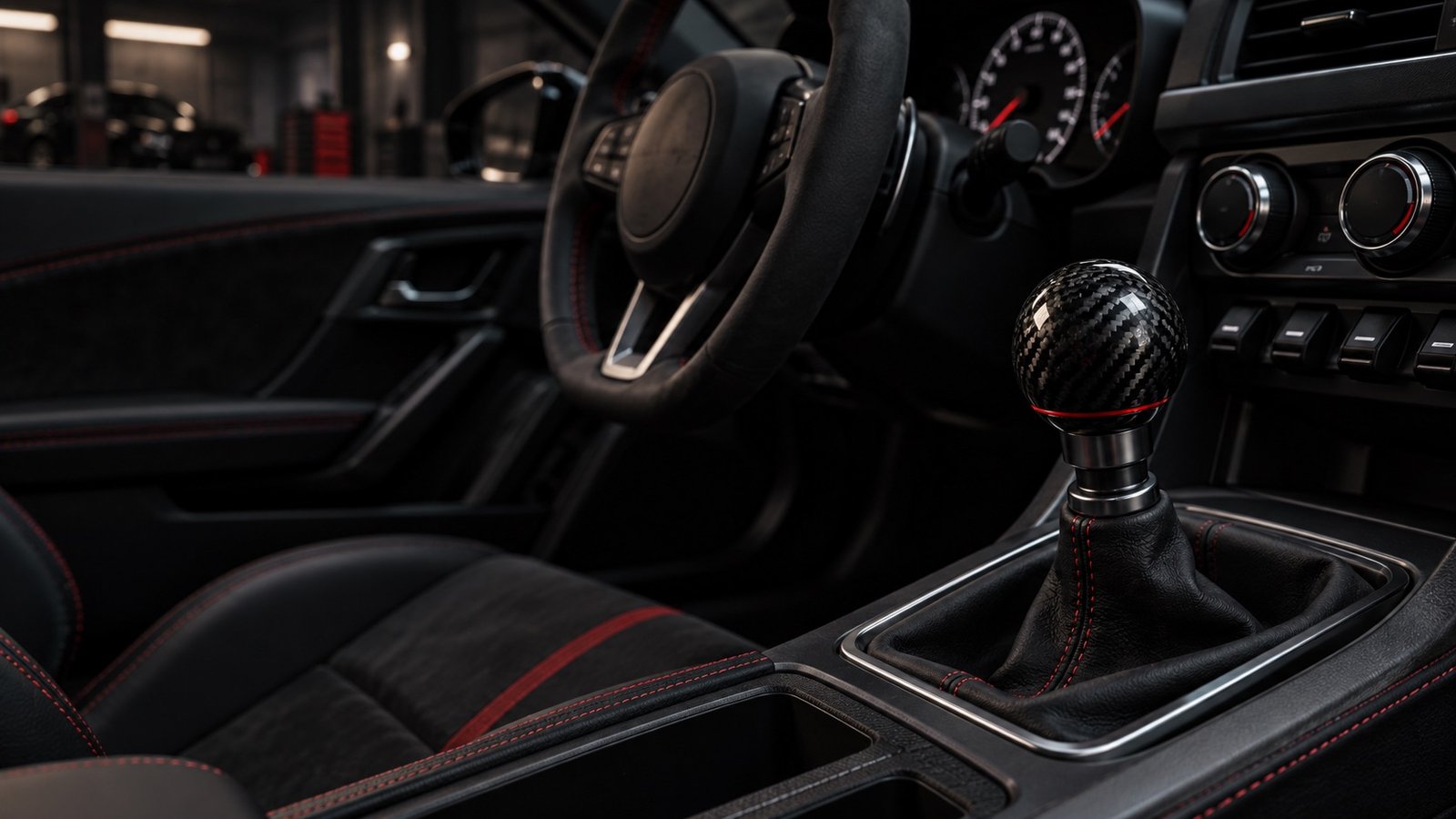 Carbon fiber manual shift knob in a black sports-car interior with red stitching
