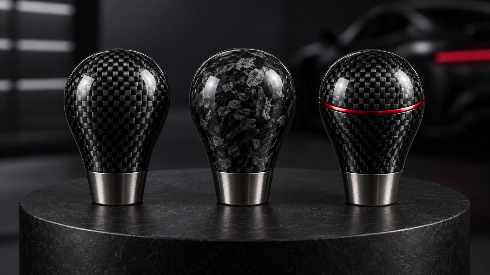 Woven, forged, and black-and-red carbon fiber shift knob styles displayed side by side