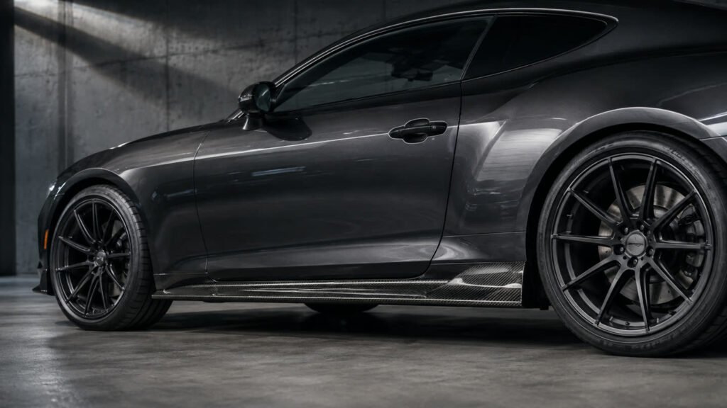 Carbon fiber side skirts fitted to a dark performance coupe