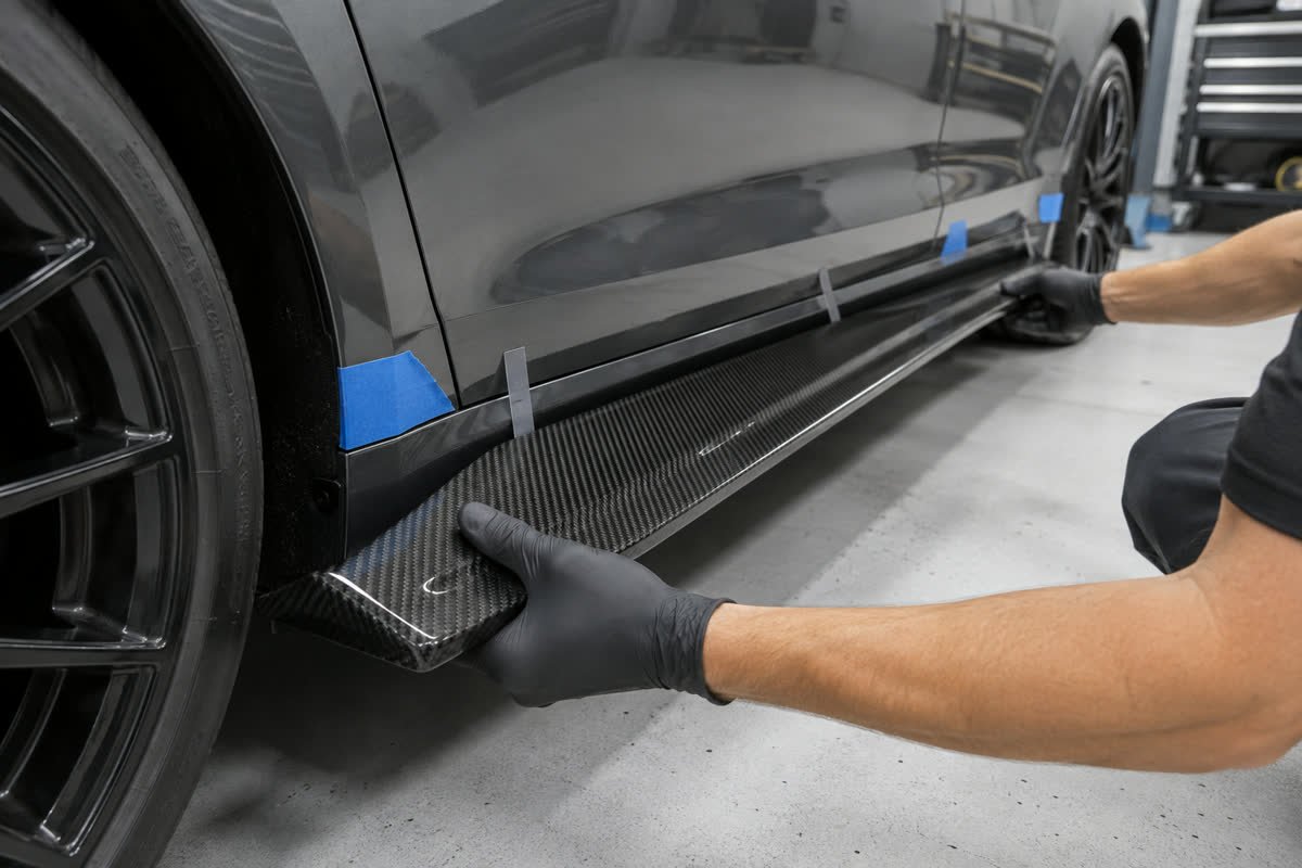 Technician dry-fitting a carbon fiber side skirt before installation