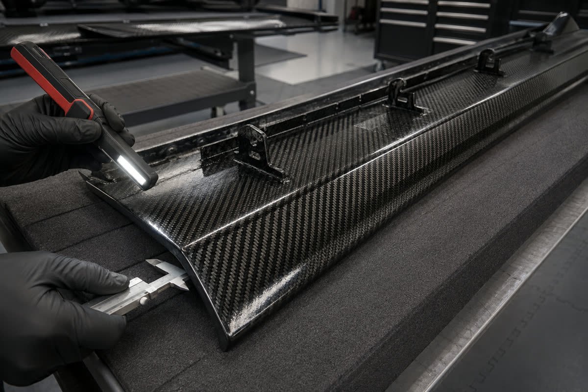 Carbon fiber side skirt undergoing weave edge and mounting-tab inspection