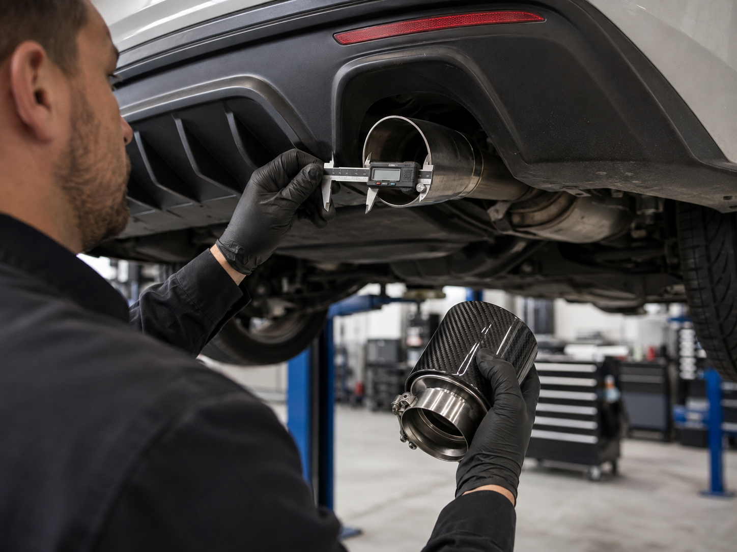 Technician measuring a tailpipe before fitting a carbon fiber exhaust tip
