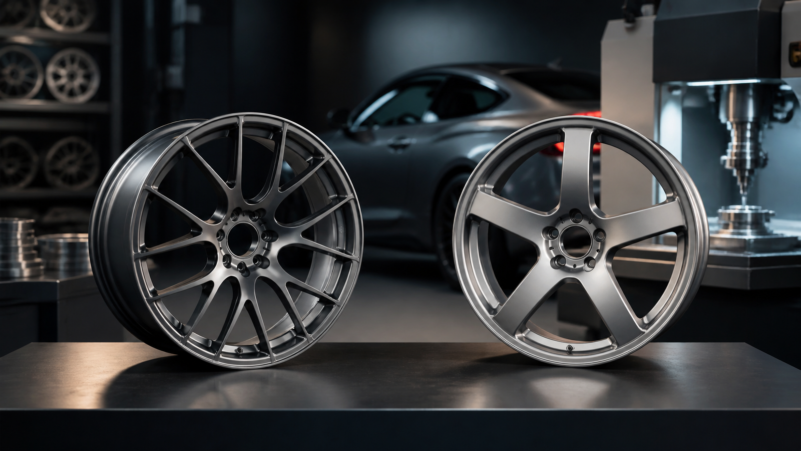 Forged and cast aluminum wheels compared in an automotive workshop