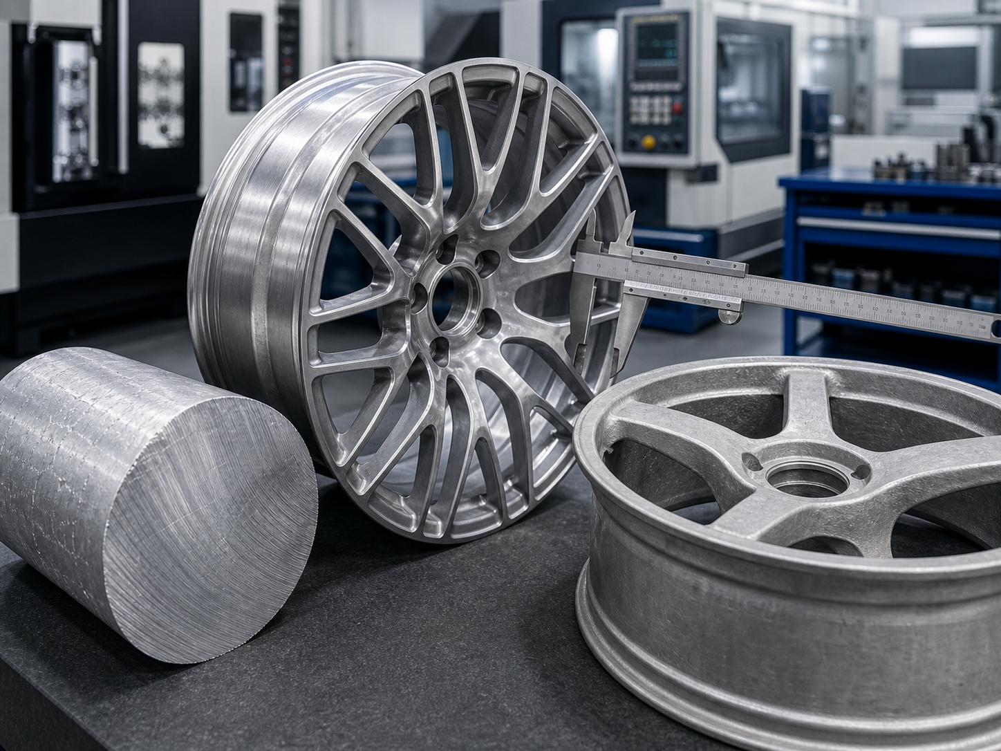 Forged aluminum wheel measured beside an aluminum billet and cast wheel sample