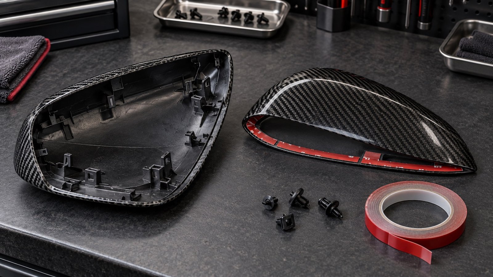 Carbon fiber mirror-cap replacement shell and overlay cover shown from the underside