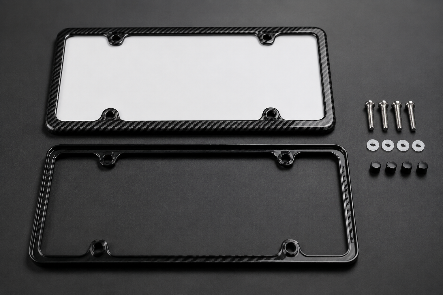 Carbon fiber license plate frame with stainless screws washers and caps
