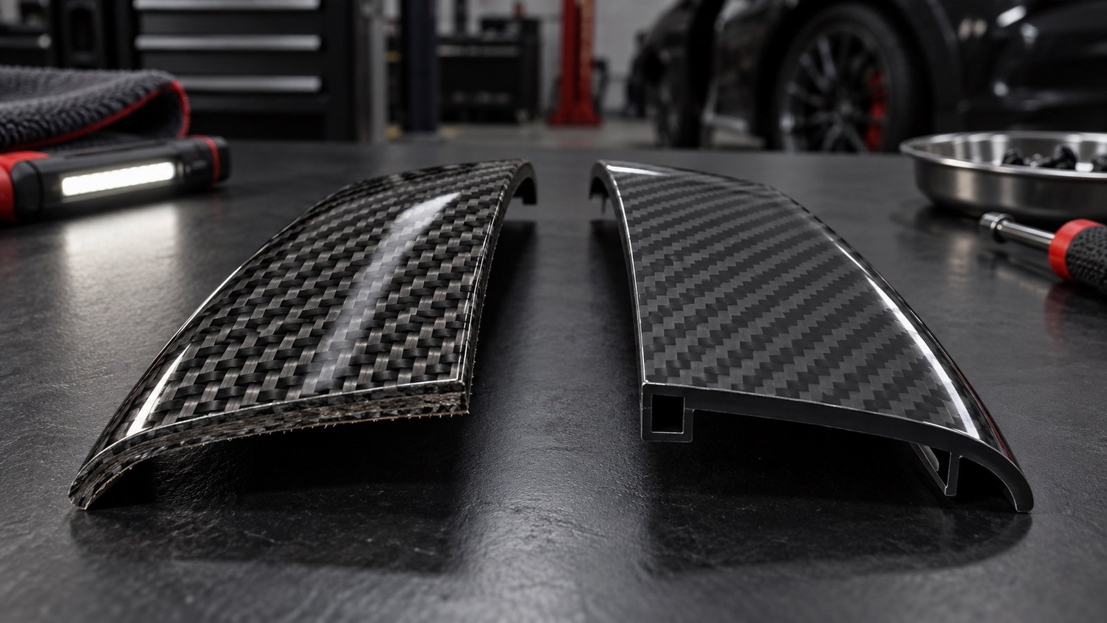 Macro comparison of genuine woven carbon laminate and printed carbon-look ABS trim