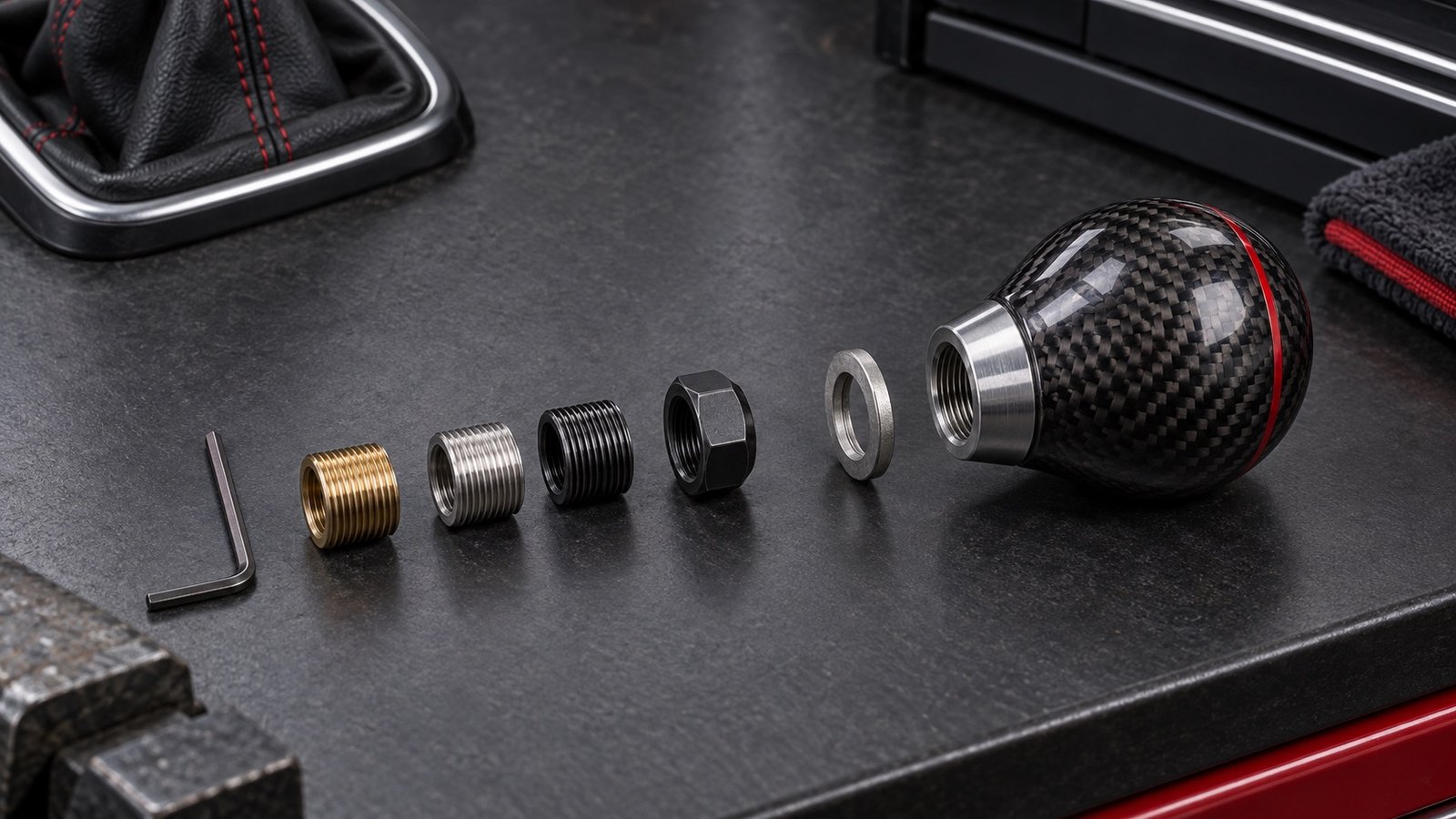 Carbon fiber shift knob with threaded adapters and installation hardware arranged in order
